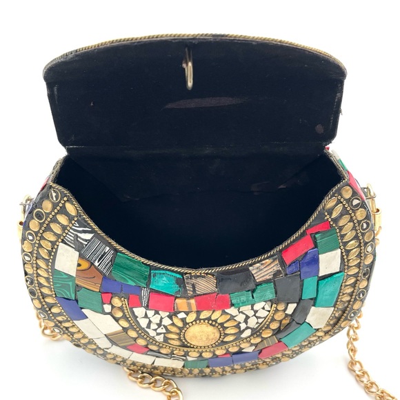 Vtg Himalayan Handmade Tibetan Mosaic Inlay Boho Clutch Evening Bag Multicolor - Picture 5 of 8